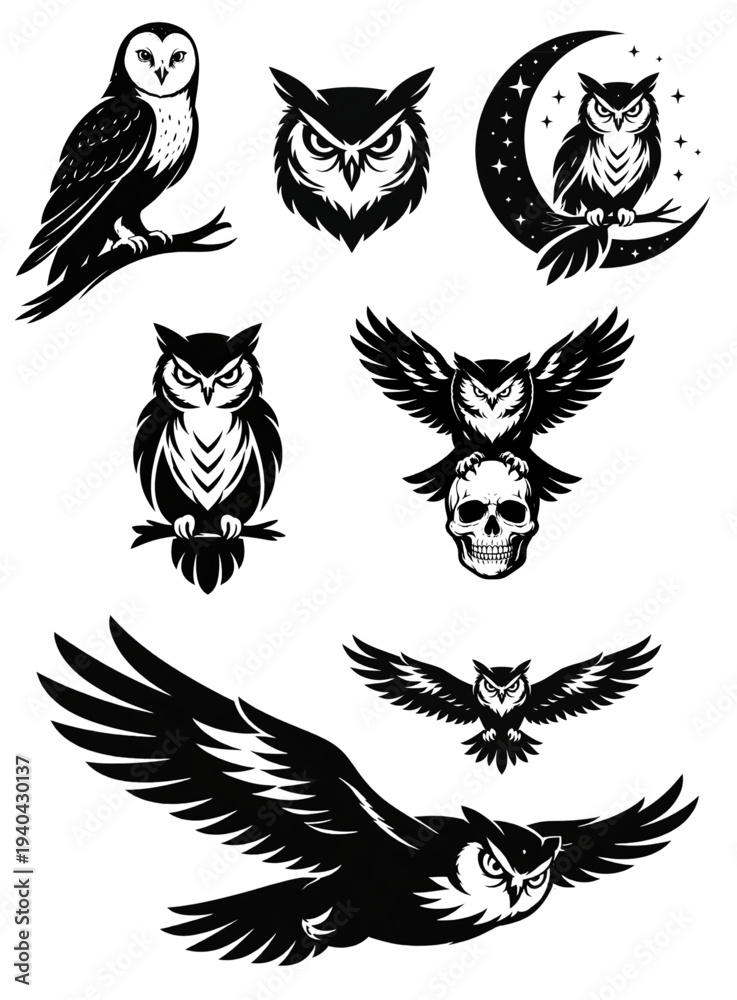 Fototapeta premium Owl Silhouette Icon Set – Nocturnal Bird Vector Collection
