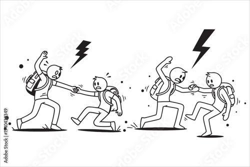 Cartoon illustration of two pairs of people pulling each other with anger and lightning