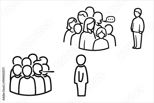 Simple line drawings of people in different group settings