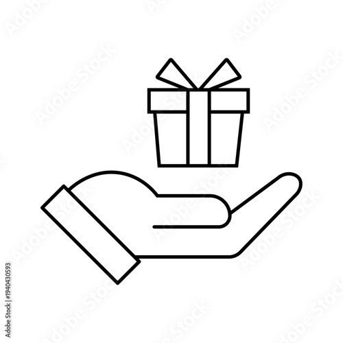 Hand giving gift box icon. Present in palm symbol for giving, receiving, or charity. Vector line art for bonus, reward, loyalty program. Gift box on hand icon design vector illustration.