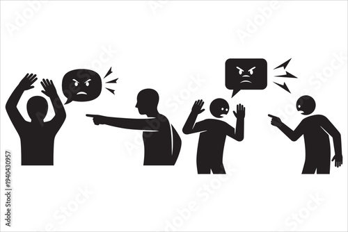 Four silhouetted figures engaged in a heated conversation with angry expressions and gestures