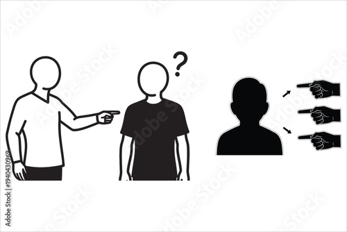 Pointing to a person with a question mark and a blurred figure