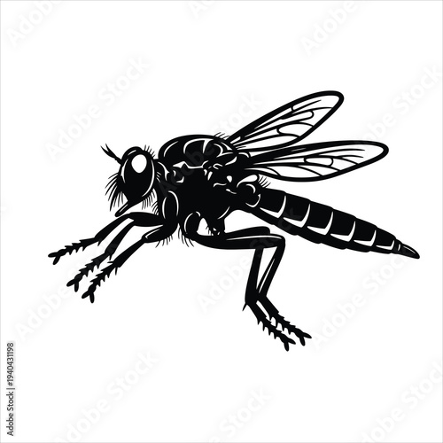 Robber fly black and white vector silhouette isolated on white background