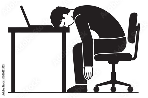 Overwhelmed office worker falling asleep at desk with laptop