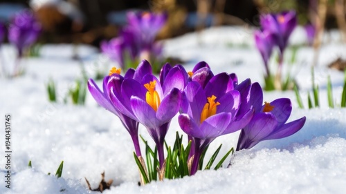 Blooming purple crocuses in snow during early spring.