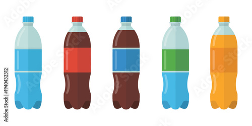 Water Bottle Icons, vector symbols featuring plastic bottles, mineral water, carbonated soda, and fizzy drinks for product design