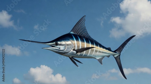 Swordfish soaring in clear blue sky with fluffy clouds.