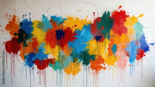 Vibrant abstract paint splatter on white wall exploding with colorful creativity.