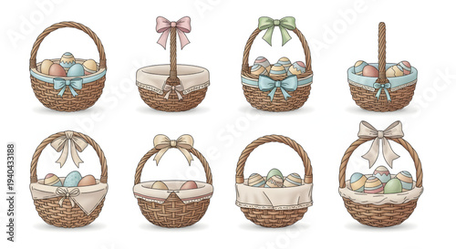 Easter eggs in wicker baskets.