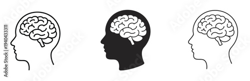 Human, head icons with brain outline and filled silhouette, intelligence, mind, and psychology symbols, clean editable vector illustration.