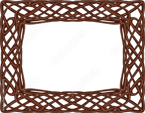 A brown chocolate wicker picture frame with a woven design on a white background