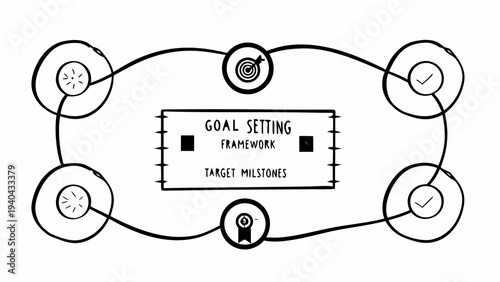 Hand drawn diagram illustrating a goal setting framework with target milestones and achievements