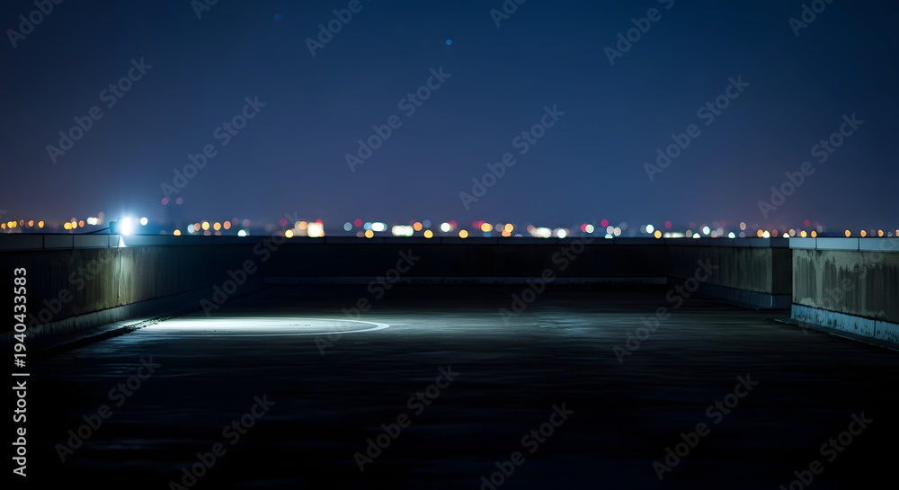 Fototapeta premium Rooftop view of a distant city skyline at night with illuminated buildings and a dark foreground under a clear starry sky
