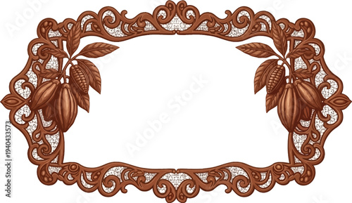 An intricately designed brown chocolate frame with floral patterns and acorns on a white background