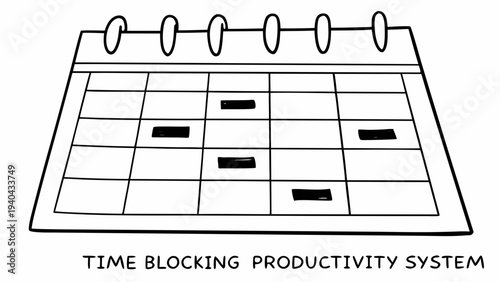 A black and white hand drawn illustration of a calendar representing the time blocking productivity system