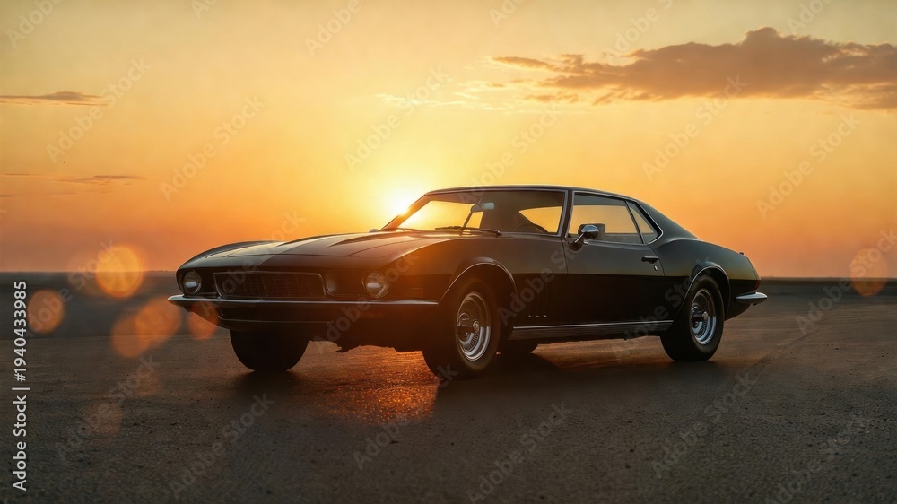 Fototapeta premium Vintage classic car at sunset on open road.