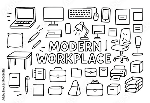 Workplace icons with laptop chair lamp doodle