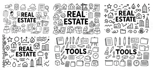 Real estate icons with house key clipboard outline