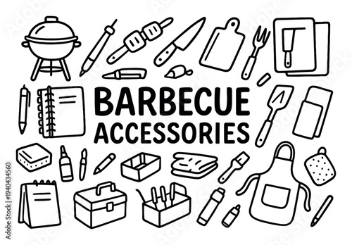Barbecue icons with grill spatula apron handdrawn