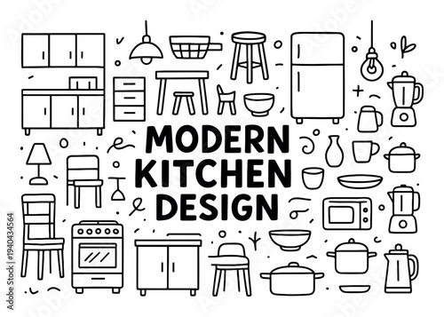 Kitchen icons with fridge stove and blender outline