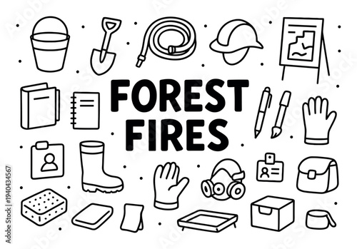 Forest fire icons with hose helmet boot outline