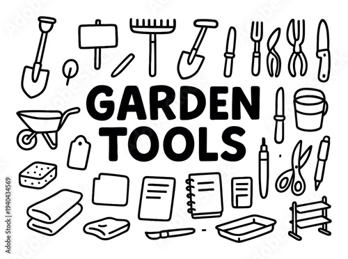 Garden icons with shovel rake trowel handdrawn