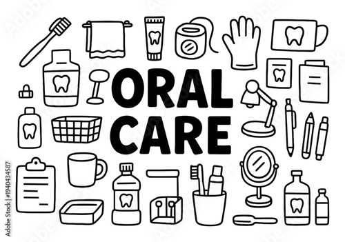 Oral icons with toothbrush and toothpaste outline