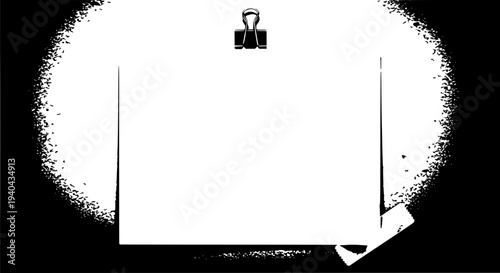 Binder clip icon with white page and black background featuring paperclip, stationery, office with organization and