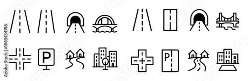 Transport icons with road tunnel bridge outline
