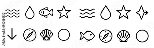 Ocean icons with fish shell star outline