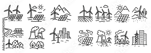 Renewable energy icons with turbine solar panel outline