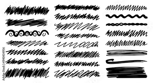 Scribble lines brush stroke set with rough textures, hand-drawn effect, ink marks, and doodles for design elements.