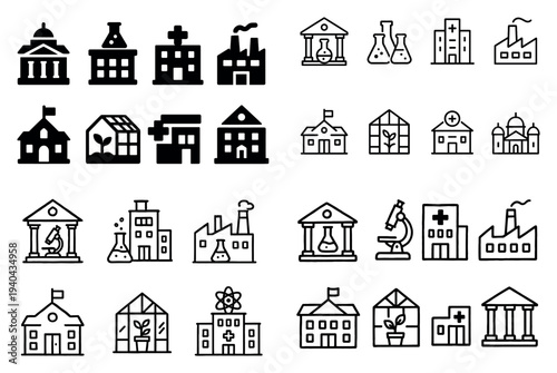 Infrastructure icons with school hospital factory outline