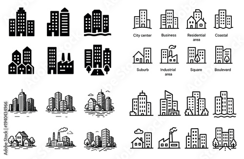 Urban icons with city factory house outline