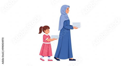 Muslim mother and young daughter walking side-by-side, carrying small white boxes, symbolizing generosity, community spirit, and the thoughtful act of giving