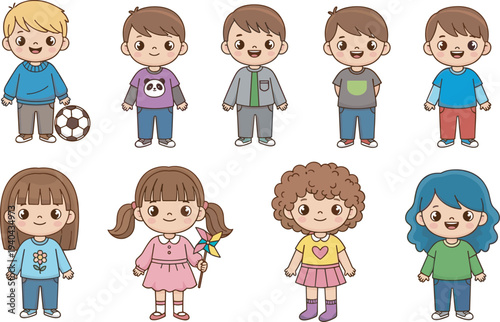 Diverse collection of cute cartoon children characters playing with soccer ball and pinwheel wearing colorful casual clothes on white background,