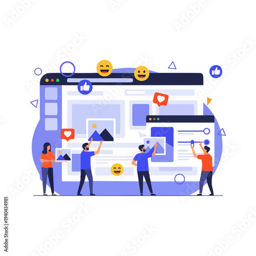 Team of people creating and managing social media content on a large web browser interface.