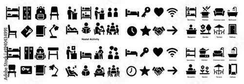 Hospitality icons with bed desk people minimal glyph style
