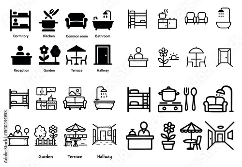 Accommodation icons with bed sofa table outline