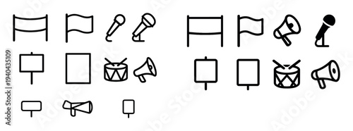 Protest icons with flag microphone megaphone outline