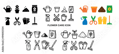 Garden icons with watering can plant pot flat