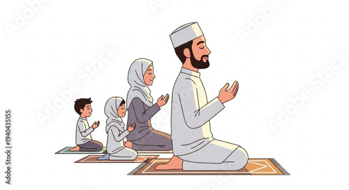 A heartwarming illustration of a Muslim family, including parents and children, kneeling in prayer, embodying faith and spiritual devotion