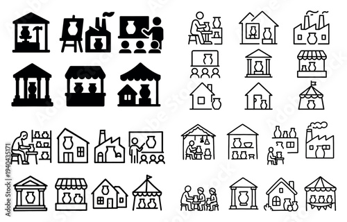 Community icons with house shop market line style