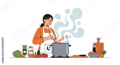 Woman cooking a healthy meal in a modern kitchen, stirring a steaming pot with fresh vegetables and spices. Represents mindful home cooking and culinary pleasure