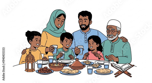 Happy Muslim family shares a traditional Iftar meal together, observing customs and strengthening bonds during a festive gathering