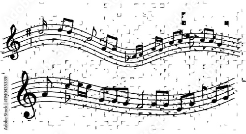 Notes musical wavy lines with treble clefs and black symbols featuring music, white, abstract with staff and melody