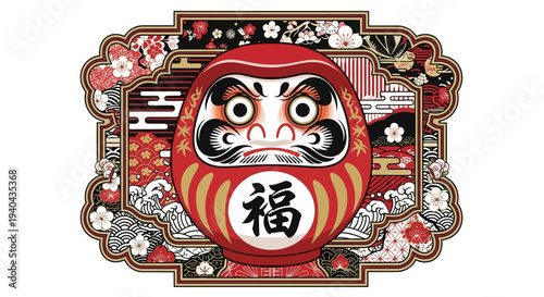 Japanese Daruma Doll with Lucky Symbol 'Fuku' and Traditional Floral Patterns