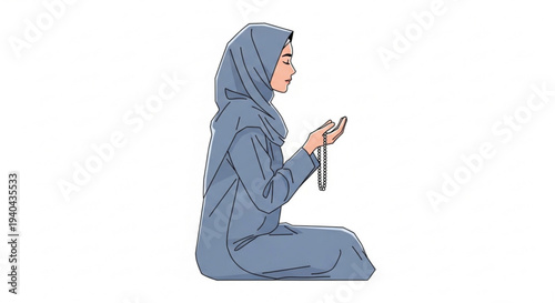 Vector illustration of a devout Muslim woman kneeling in prayer, holding prayer beads, embodying faith, devotion, and spiritual contemplation