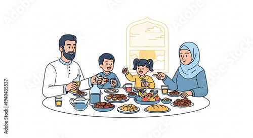 Heartwarming illustration of a Muslim family breaking fast together, sharing a traditional Iftar meal during Ramadan, symbolizing togetherness and cultural celebration