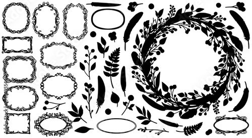 Frames and wreaths collection with floral elements and foliage designs featuring black silhouettes, decorative borders,